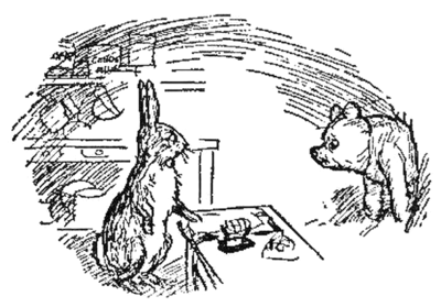 Rabbit and Winnie-the-Pooh talking, with a table between them