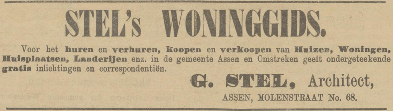 Advertentie waarin Geert Stel zich aanbiedt als 'woninggids' oftewel makelaar (1893)