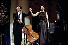 Ma with Condoleezza Rice after performing a duet at the presentation of the 2001 National Medal of Arts and National Humanities Medal Awards (Source: Wikimedia)