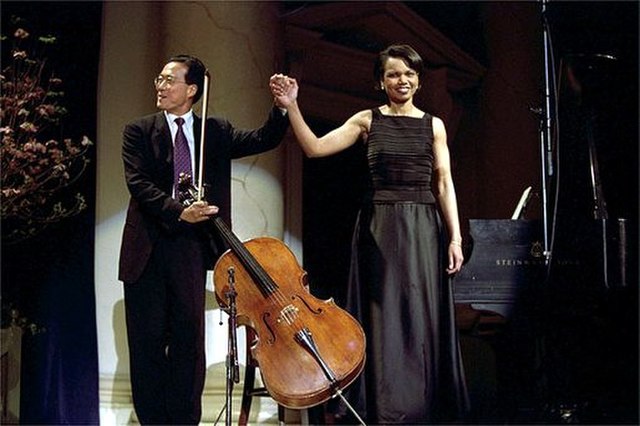 Ma with Condoleezza Rice after performing a duet at the presentation of the 2001 National Medal of Arts and National Humanities Medal Awards