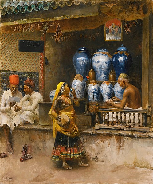 File:'A Perfumer’s Shop, Bombay' by Edwin Lord Weeks, a painting of Guru Gobind Singh with his retinue can be seen hanging in the shop.jpg