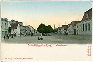 Kötzschenbroda – Hauptstraße mit Anger, um 1900; Rechts am Bildrand ist der Goldene Anker zu sehen.