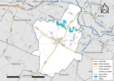 Carte en couleur présentant le réseau hydrographique de la commune