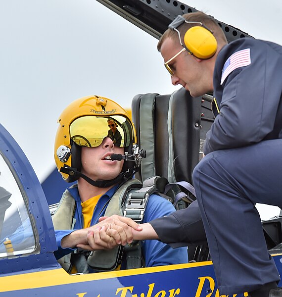 Lieutenant Commander Tyler Davies, Lead Solo (No. 5), with his crew chief