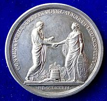 Medal of 1782 commemorating the constitution of the parliament in Galicia and Lodomeria by Joseph II, Holy Roman Emperor. It shows an allegorical depiction of imperial law (left) being handed over to the allegorical figure of Galicia with her shield showing the coat of arms of the lands 1782 Medal Constitution of the Parliament in Galicia, Poland, reverse.jpg