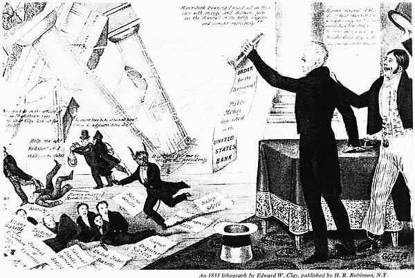 Democratic cartoon from 1833 showing Jackson destroying the Second Bank of the United States, to the approval of the Uncle Sam like figure to the righ