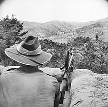 A 1 RAR soldier on guard duty in Korea during July 1952 1 RAR soldier manning a position in Korea during 1952.jpg