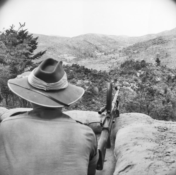 A 1 RAR soldier on guard duty in Korea during July 1952