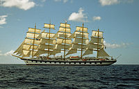 Five-masted fully rigged ship with staysails