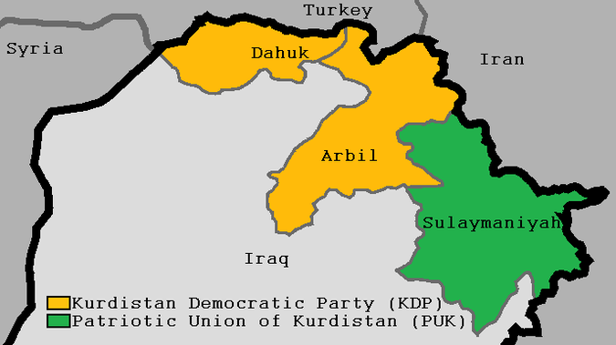 Map showing which party won most votes in which each province 2005 Kurdistan.png