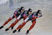 Denny Morrison (far left) competes in the team pursuit at the 2009 World Single Distance Championships. 2009 WSD Speed Skating Championships - 36.jpg