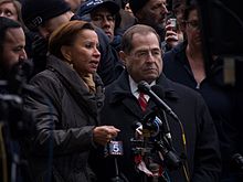 Nydia Velazquez and Jerry Nadler giving a press conference at the protest 2017-01-28 - Nydia Velazquez and Jerry Nadler at the protest at JFK (81297).jpg