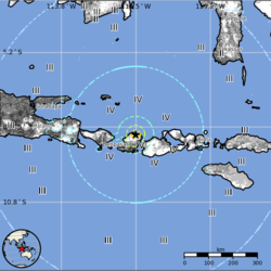 美國地質調查局發佈的2018年龍目島地震等震線圖。該局將本次地震的全球地震響應快速評估（英語：PAGER）經濟損失警報和人員傷亡警報級別定為黃色[13]。