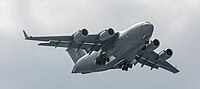 A US Air Force C-17 Globemaster III, tail 00-0171, on final approach to Kadena Air Base in Okinawa, Japan. It is assigned to the 176th Wing of the Alaska Air National Guard, and is originally from Joint Base Elmendorf–Richardson in Anchorage, Alaska.