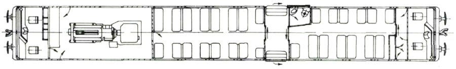Схема салона опытной автомотрисы АЧ2 (70 мест для сидения)