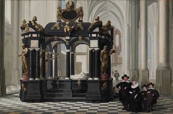 Family in the Nieuwe Kerk with the monument of Willem the Silent, by Dirk van Delen, 1645