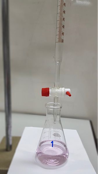 A burette and Erlenmeyer flask (conical flask) being used for an acid–base titration.