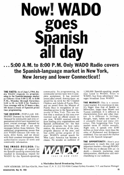 In the early 1960s the station, now WADO, began to emphasize Spanish language programming.[17]