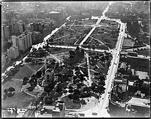 Hyde Park in 1934 from above. Aerial view of Hyde Park, Sydney, ca. 1934.jpg