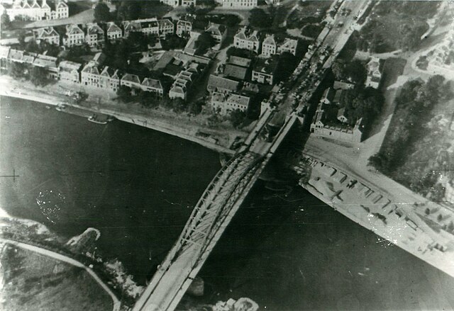 Aerial reconnaissance photo of the Arnhem road bridge taken by the Royal Air Force on 19 September, showing signs of the British defence on the northe