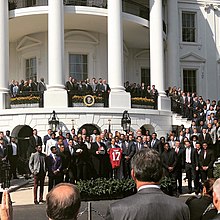 2017 Alabama Crimson Tide with Donald Trump at the White House in 2018. Alabama Crimson Tide at White House 2018.jpg