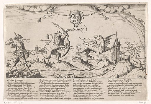 Allegorie op Maurits en Spinola in de Gulik-Kleefse kwestie, 1614 Vreemden handel (titel op object), RP-P-OB-80.793