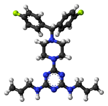 Bola-dan-stick model almitrine molekul