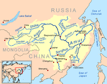 The Amur basin. Nerchinsk is partway up the Shilka. The Stanovoy Range extends along the northern edge of the Amur basin. Amurrivermap.png