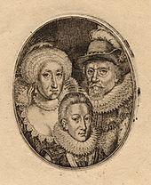 Engraving by Simon de Passe of Charles and his parents, King James and Queen Anne, c. 1612 Anne of Denmark; King Charles I when Prince of Wales; King James I of England and VI of Scotland by Simon De Passe (2).jpg