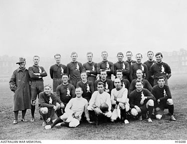 Australian Training Units team, formed by soldiers. That team played a charity game of Australian Rules football -- known as the "Pioneer Exhibition Game" -- held at Queen's Club in South Kensington on 28 October 1916 to raise money for British and French Red Cross. Australian soldiers rugby 1916.jpg