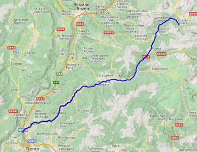 map of Avisio river (in blue), from Canazei to Trento