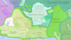 بلوچستان در سال ۱۷۸۹ که شامل خانات کلات و ایالت‌های تحت فرمانروایی آن می‌شود.