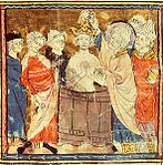 Baptême de Clovis, Grandes Chroniques de France, Castres, Bibliothèque Municipale, fol. 11. XIVe siècle