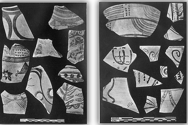 Shards of Painted Grey Ware (right) and Harappan red pottery (left) from Rupnagar, Punjab.