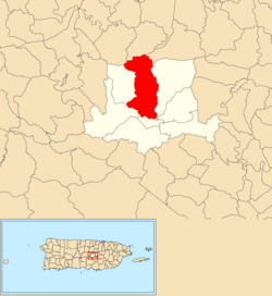 Barrancas'ın Barranquitas belediyesi içinde kırmızıyla gösterilen konumu