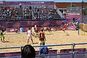 Deutsch: Beachhandball bei den Olympischen Jugendspielen 2018; Tag 4, 10. Oktober 2018; Jungs, Vorrunde, Gruppe A - Spanien-Venezuela 2:0 English: Beach handball at the 2018 Summer Youth Olympics at 10 October 2018 – Boys Preliminary Round Group A – Spain-Venezuela 2:0