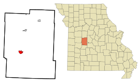 Benton County Missouri Incorporated and Unincorporated areas Warsaw Highlighted.svg
