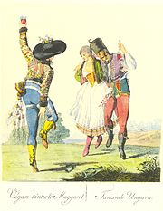 Dancing Hungarians by J. B. Heinbucher, 1816 Bikkessy Heinbucher Tancolo magyarok.jpg