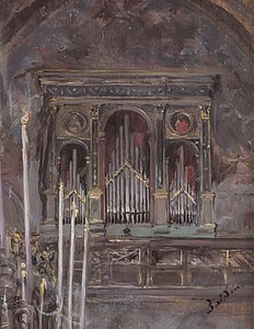 515c Church interior with view of organ label QS:Lit,"Interno di chiesa con veduta di organo" label QS:Len,"Church interior with view of organ" 1911-13