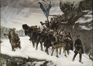 Bringing Home the Body of King Karl XII (Gustaf Cederstrom, 1884). A heavily romanticised depiction of the Drabant Corps carrying King Charles's body home to Sweden. Bringing Home the Body of King Karl XII of Sweden (Gustaf Cederstrom) - Nationalmuseum - 18366.tif