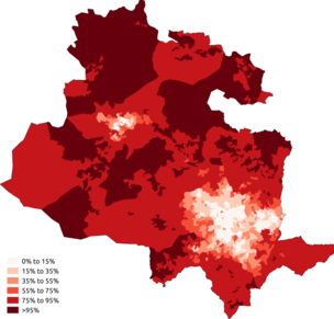 In Bradford, different ethnic groups live in 'parallel lives' to each other and the city is largely ethnically and religiously self-segregated. However, some put this up to differences in income over ethnicity. Image shown is the proportion of the White British population in 2011 in Bradford British Bradford 2011 census.png