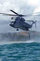 A CH-53 performing a helocast insertion during training off Hawaii CH53E-Helo-Cast.jpg