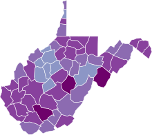 County.svg tomonidan G'arbiy Virjiniyada COVID-19 ning 14 kunlik tarqalishi