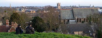 View of St Giles' Church at right from the mound of Cambridge Castle Cambridge skyline Castle Mound.jpg