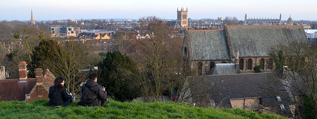 View of St Giles' Church at right from the mound of Cambridge Castle