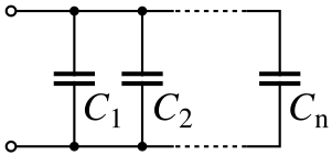 Et diagram over flere kondensatorer, side om side, begge ledninger for hver koblet til de samme ledningene.