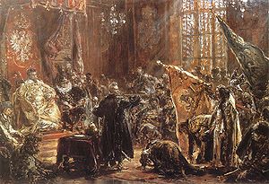 Russia's Times of Troubles and Polish hegemony: Abdicated Vasili IV compelled to kneel before King Sigismund III Vasa in Warsaw in 1611 Carowie Szujscy na sejmie warszawskim Jan Matejko 18 century.jpeg