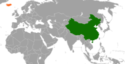 Карта с указанием местоположения Китая и Исландии