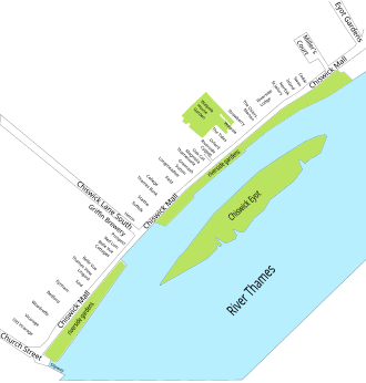 Sketch map of Chiswick Mall with house names. All positions are approximate. Chiswick Mall sketch map.svg