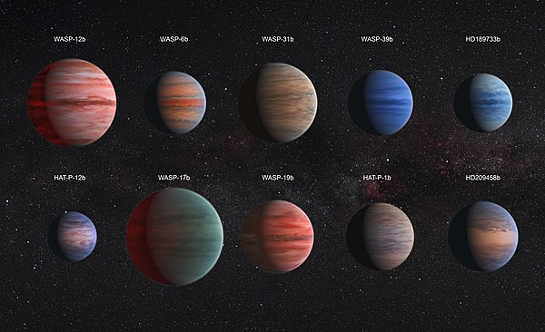 Comparison of "hot Jupiter" exoplanets (artist concept). From top left to lower right: WASP-12b, Boinayel, WASP-31b, Bocaprins, HD 189733b, Puli, Dits